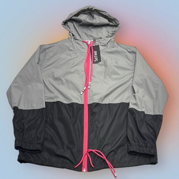 SOTEER Women’s Medium Gray Pink Black Full Zip Windbreaker Jacket - Picture 1 of 5